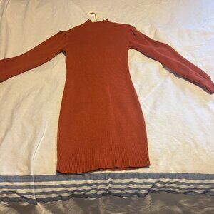 mock turtleneck sweater dress with gathered shoulders, burnt orange